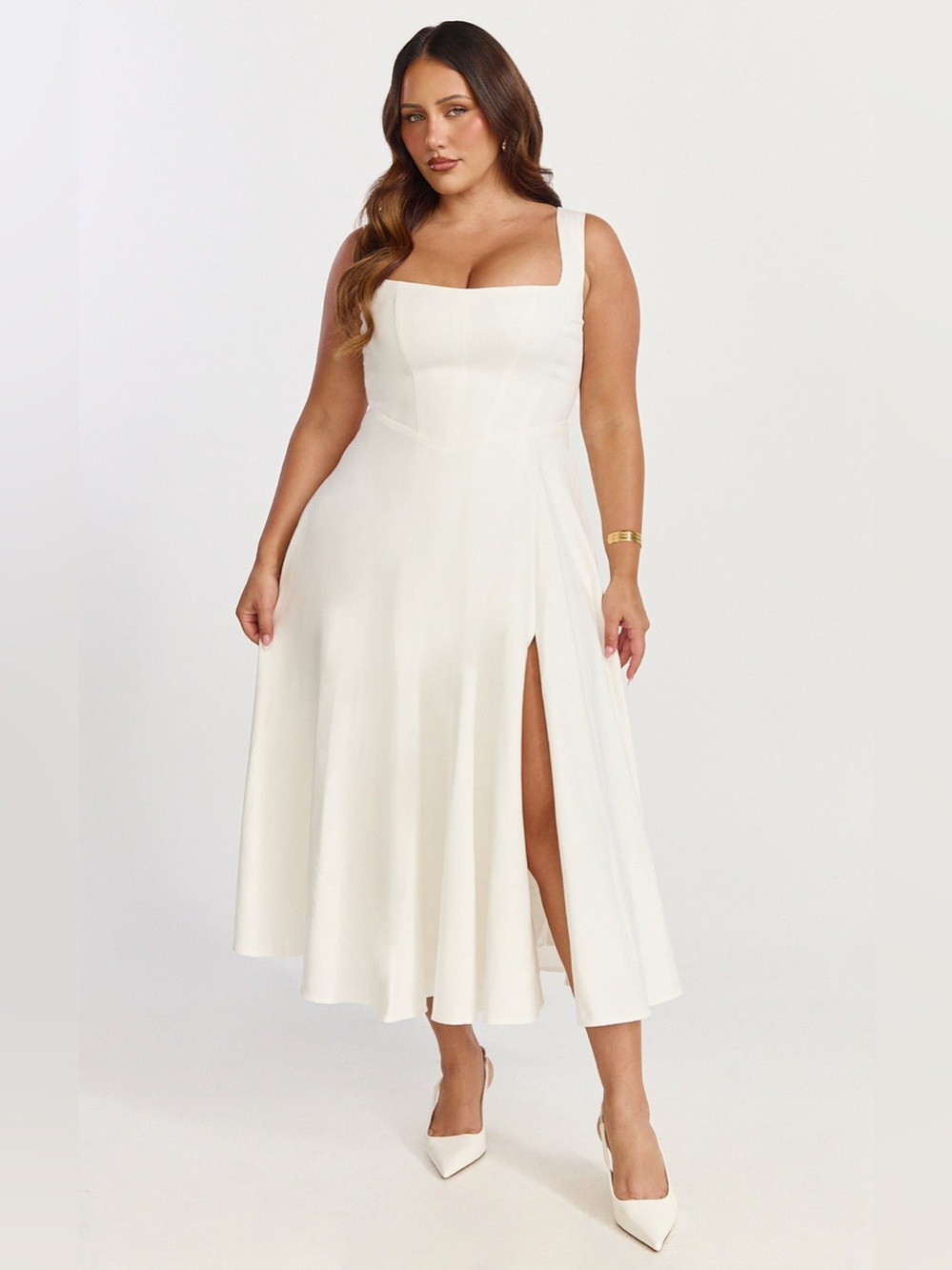 SHOWPO Bernie Square Neck Strapped Full Circle Skirt Midi Dress In White - Picture 2 of 9